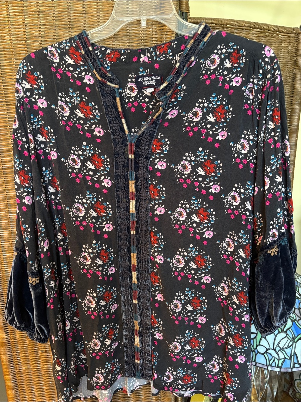 Johnny Was Black Floral Peasant Tunic with Velvet Trim
